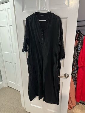 Black Midi Shirt Dress with Roll-Tab Sleeves